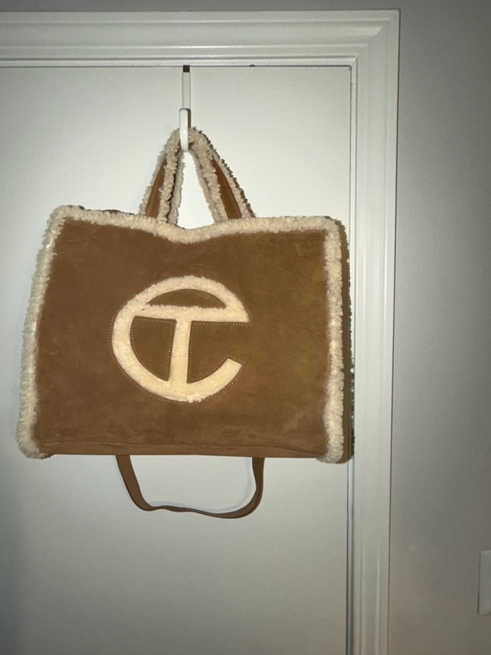 Shearling Trim Suede Tote Bag - Tan